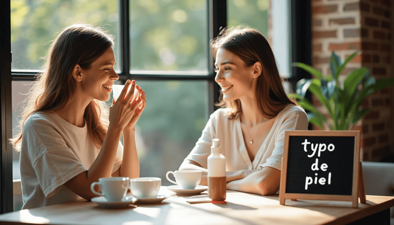 Amigos probando el tipo de piel en la mesa de un café con productos para el cuidado y bebidas