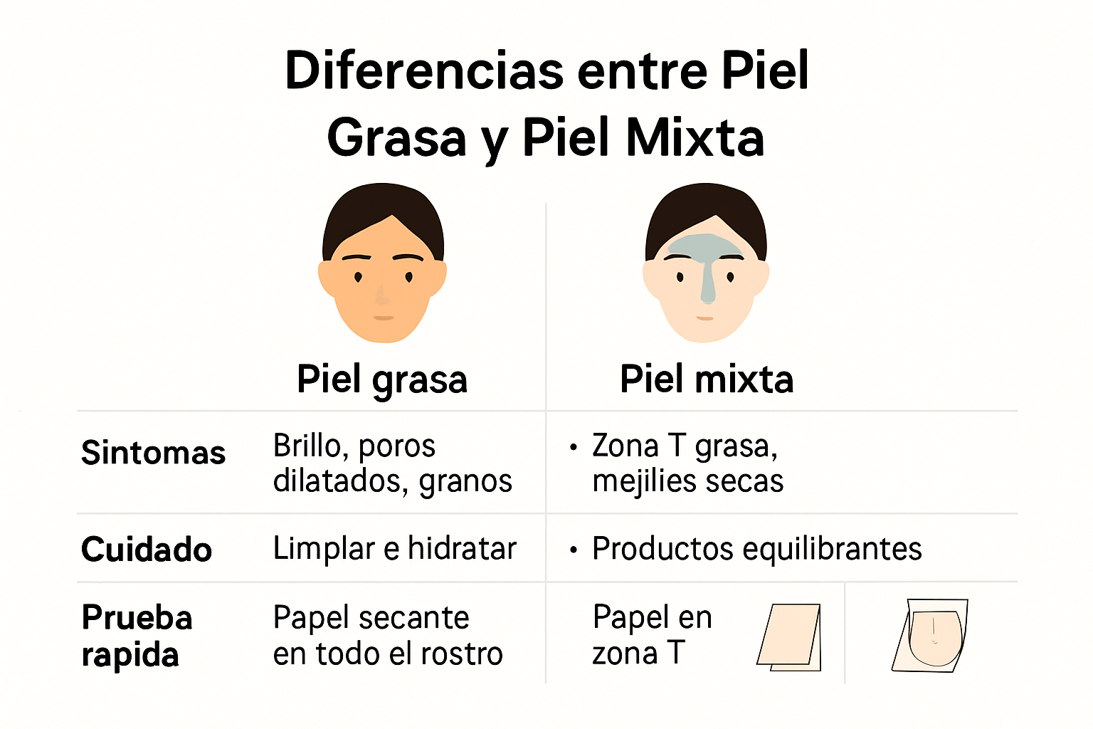 Infografía comparativa de las diferencias entre piel grasa y piel mixta