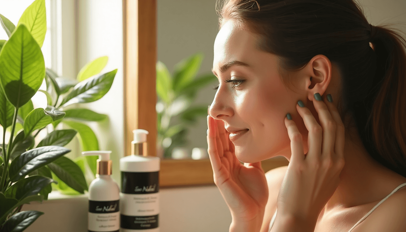 Joven mujer en baño ecológico usando cuidado natural de la piel