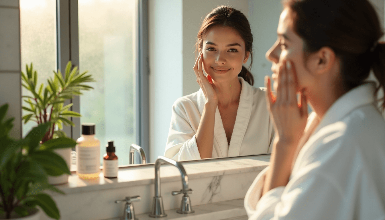 Young woman using natural cleanser in sunlit bathroom.