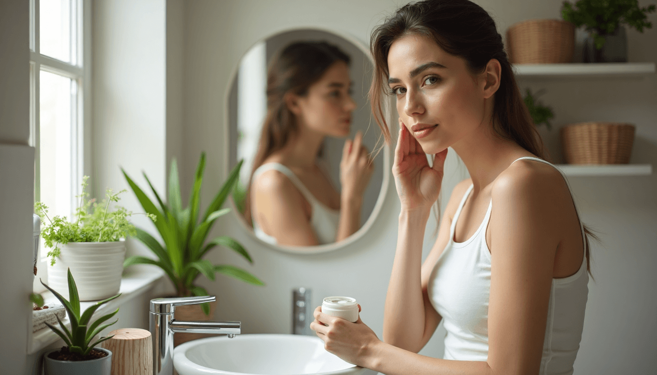 Mujer hidratando su rostro con la luz matutina del baño