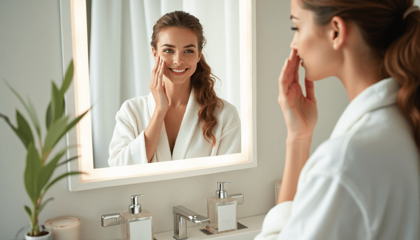 Mujer con bata blanca aplicando cuidado de la piel orgánico frente al espejo en un baño soleado