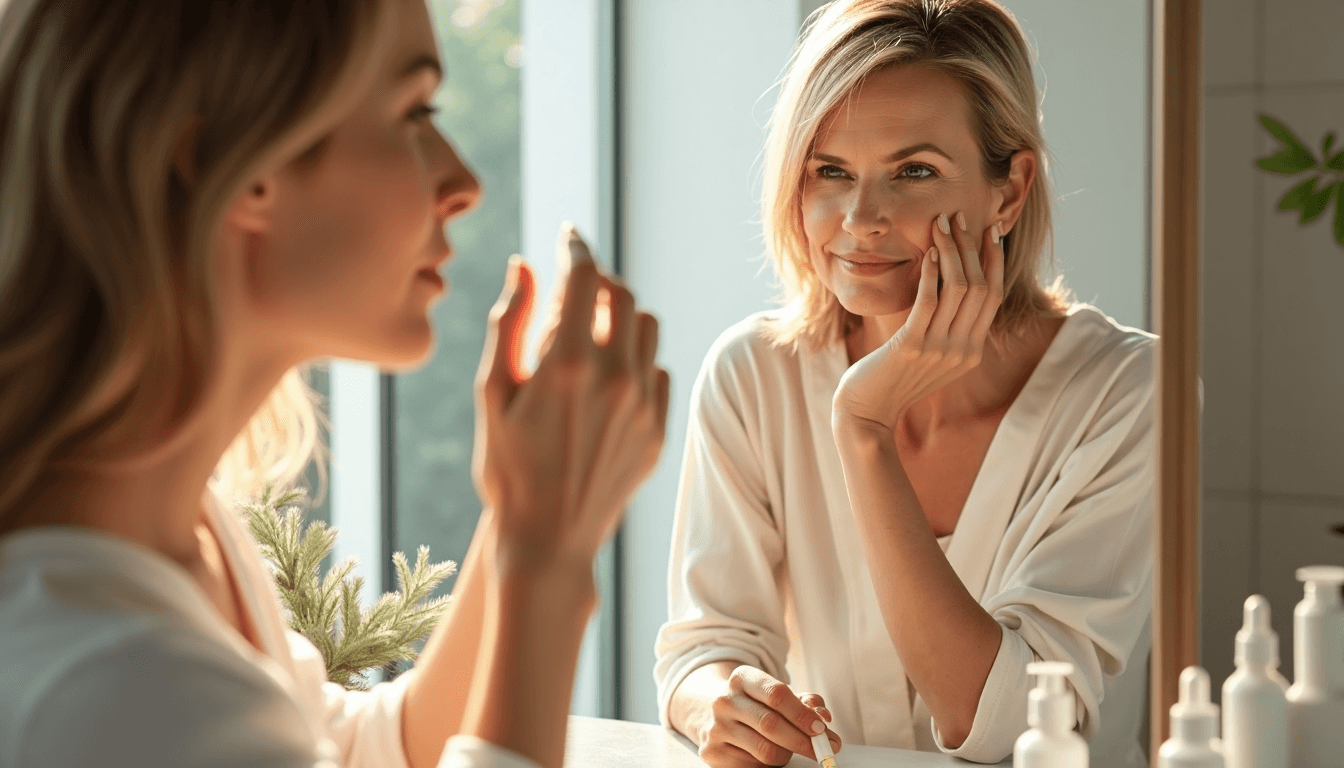 Dos mujeres discutiendo sobre cuidado de la piel en un tocador con etiqueta Schlüsselelemente visible