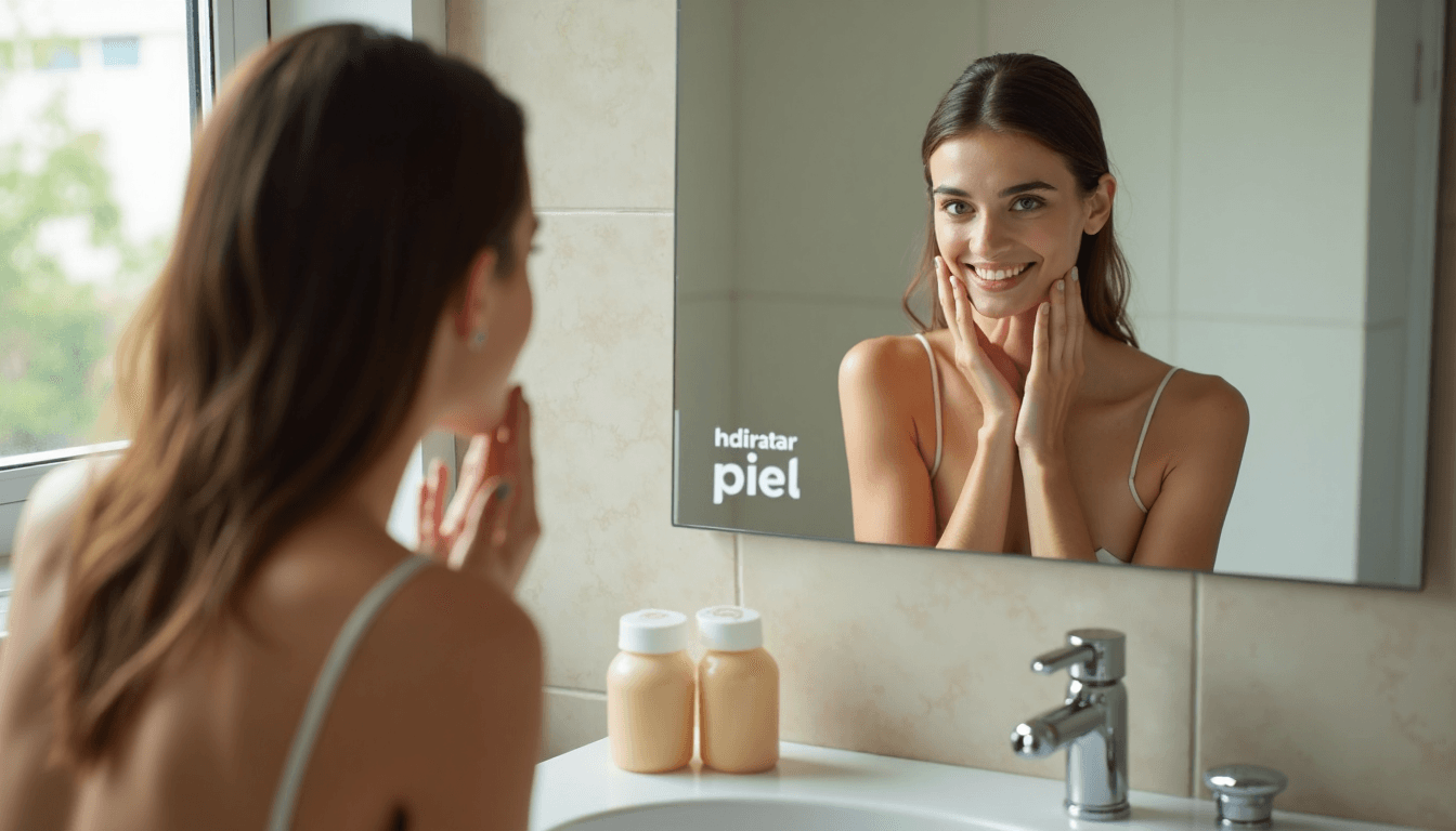Young person examines their dry skin in a modern bathroom illuminated mirror