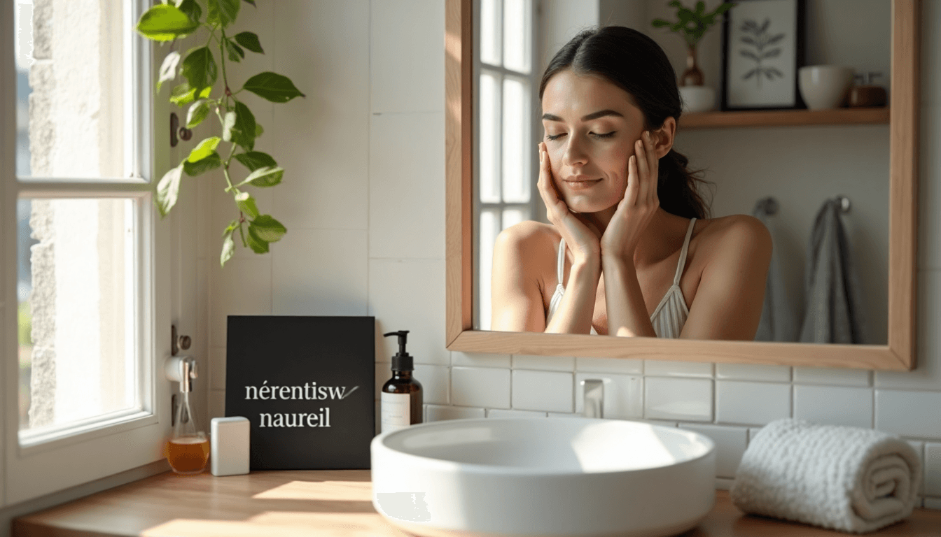 Woman cleansing her face in cozy Parisian bathroom with natural light