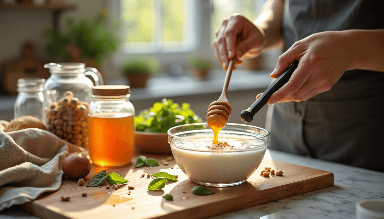 Herstellung eines natürlichen Gesichtsreinigers aus Honig und Joghurt in einer sonnigen Küche