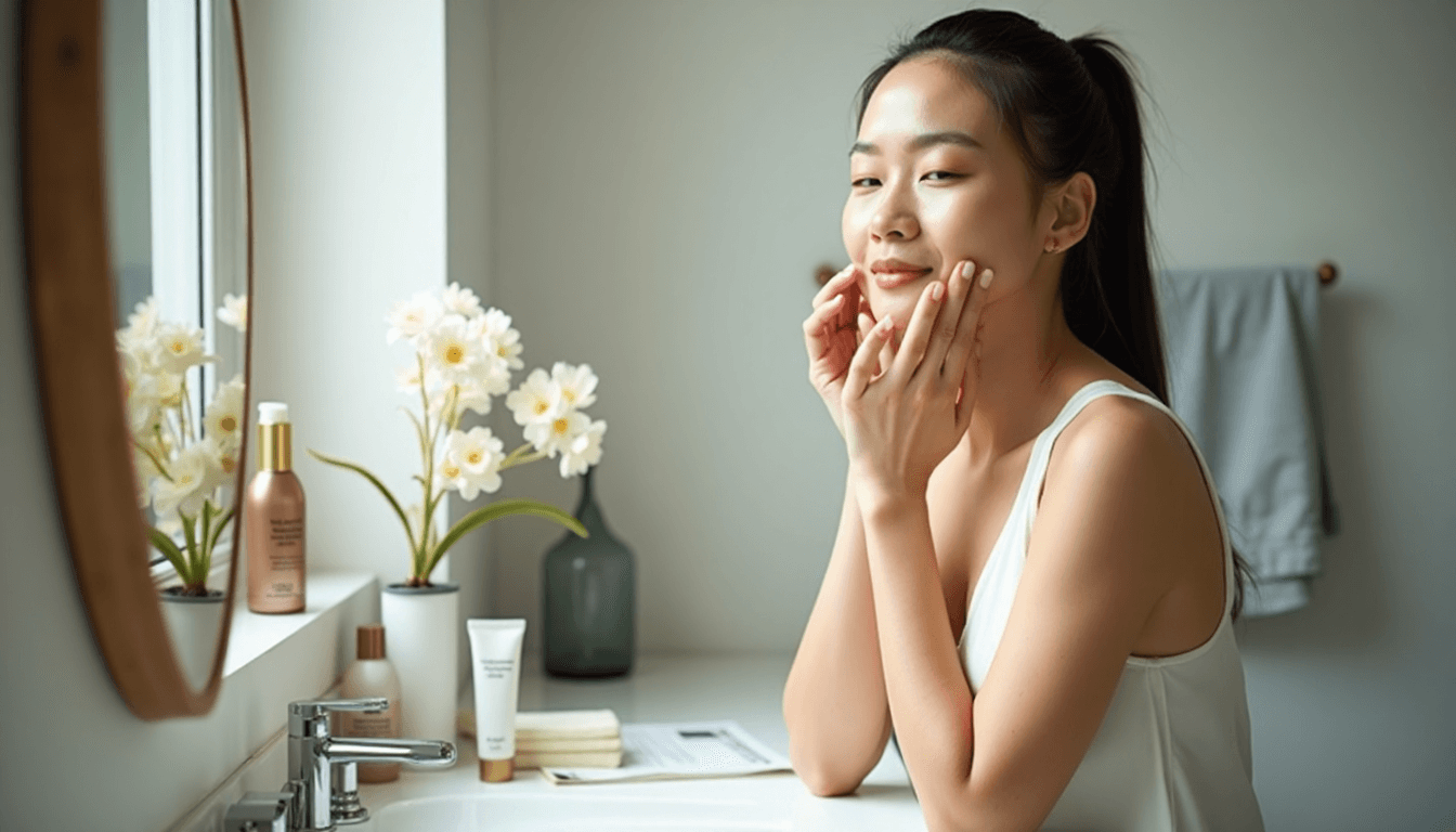 Woman applying night cream in bathroom mirror