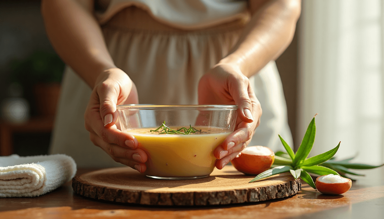 Manos abriendo un frasco de aceite de coco con aceite natural para la piel sobre una hoja de madera
