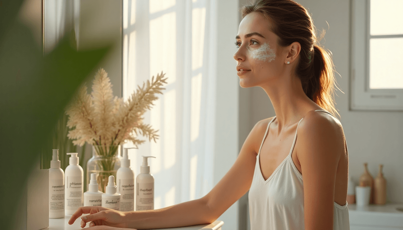 Mujer cuida su rostro en un baño soleado con productos naturales