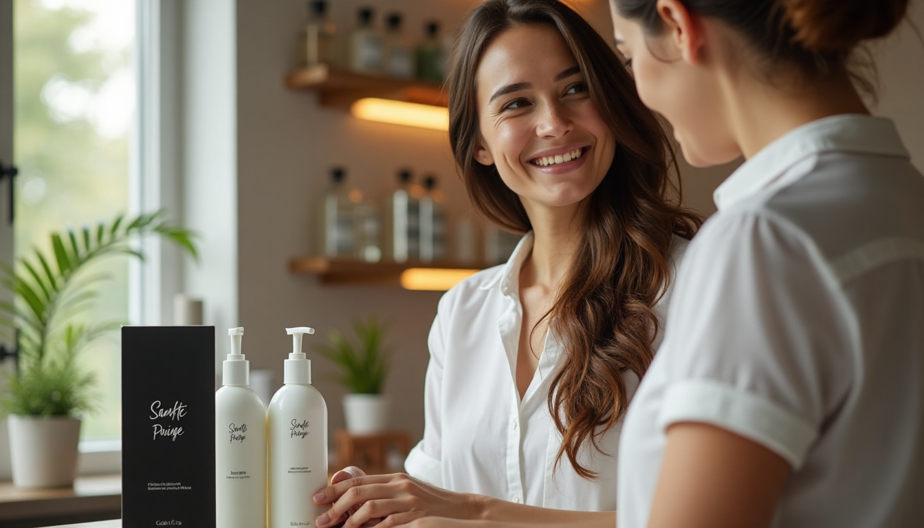 Hairstylist applies eco-friendly product in bright salon