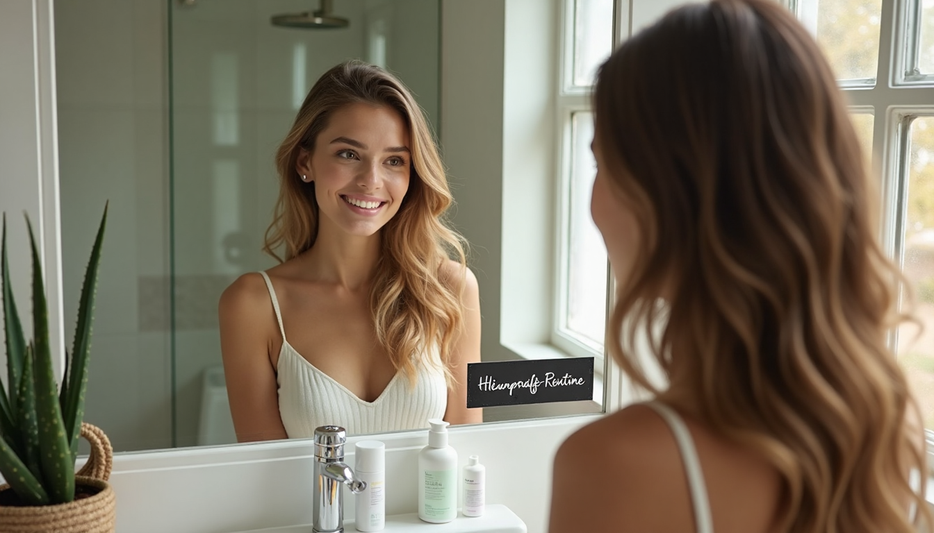 Woman looks at hair by natural products and aloe plant