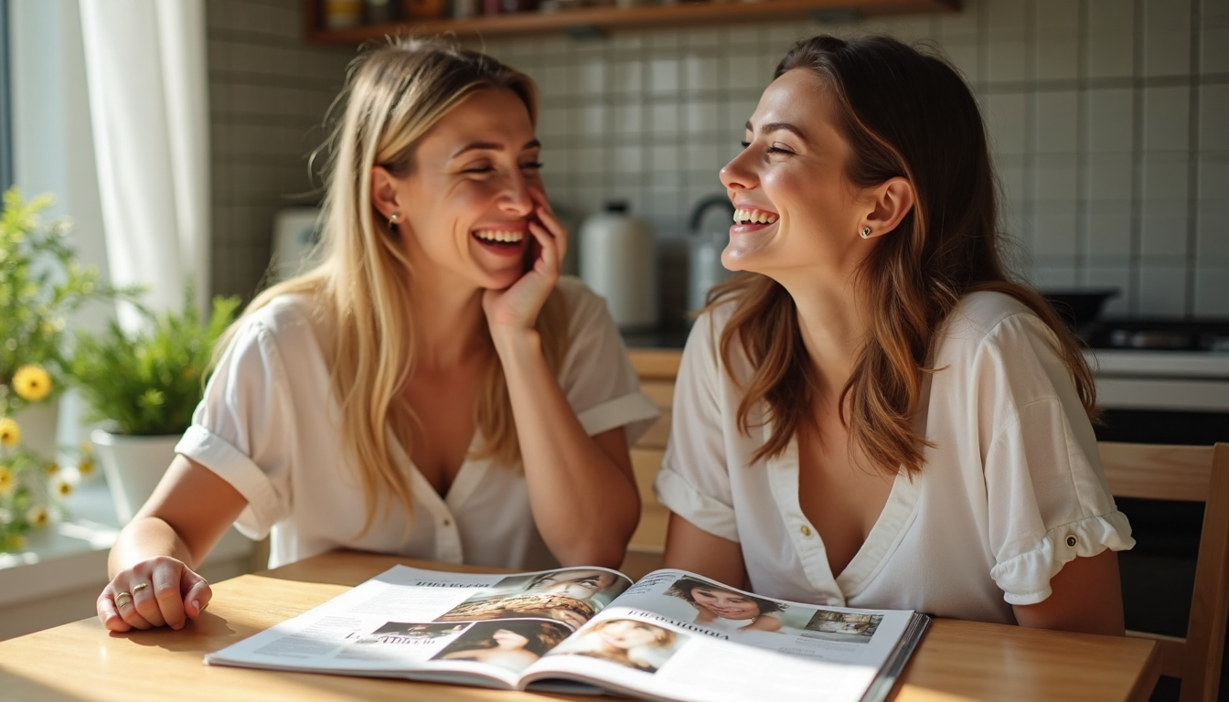 Friends doing skincare blotting paper test at kitchen table