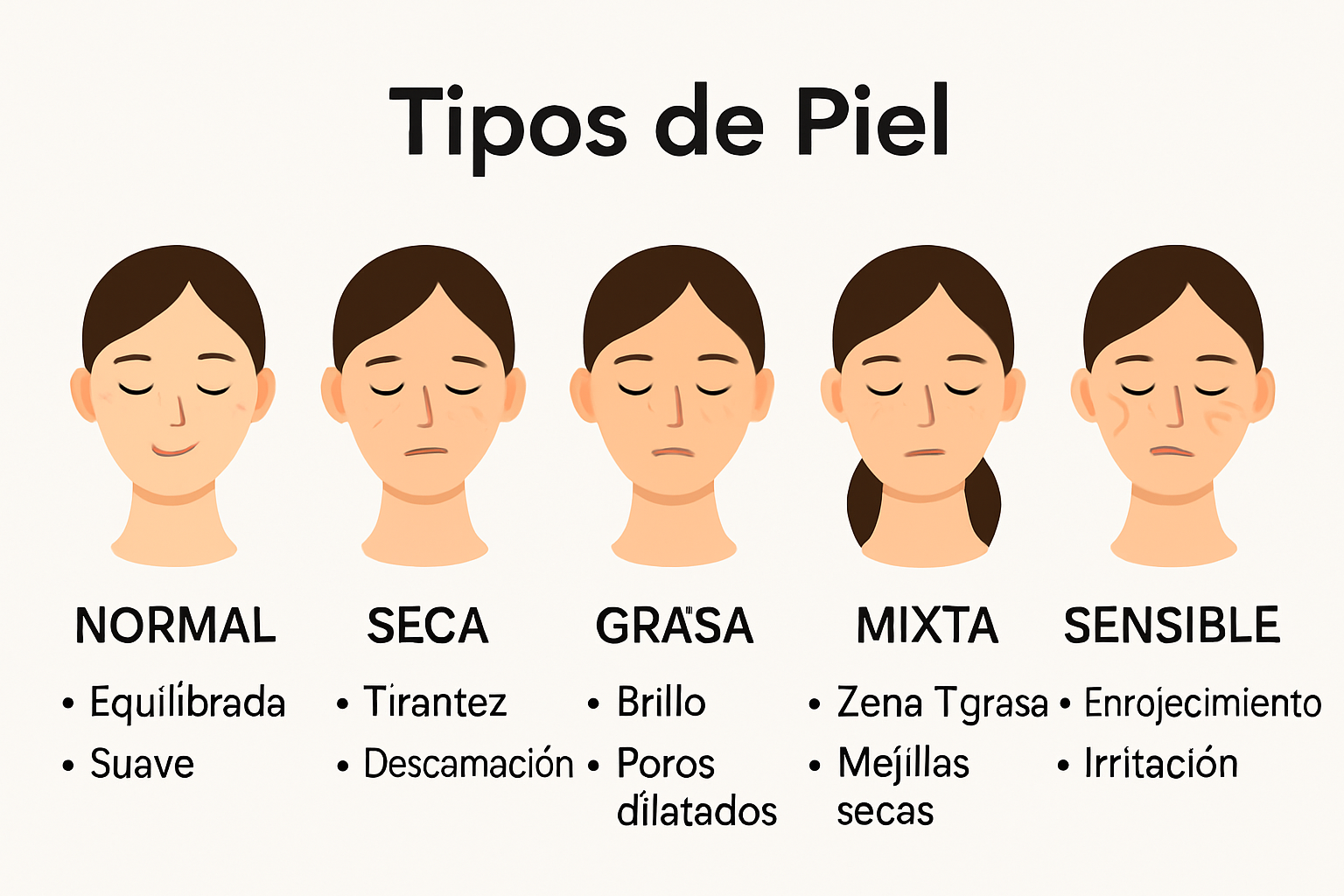Infografía que muestra tipos comunes de piel y sus características.