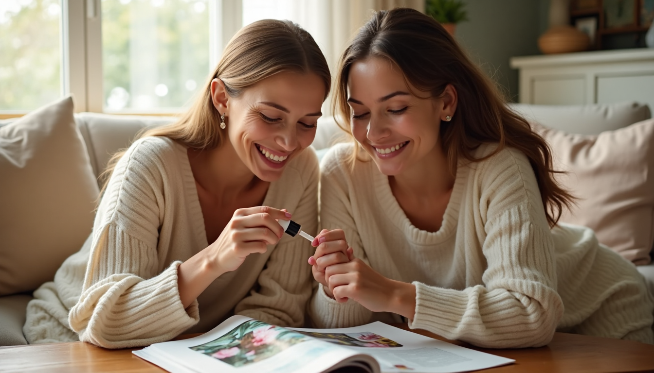 Mère et fille appliquant huile anti-âge en salon