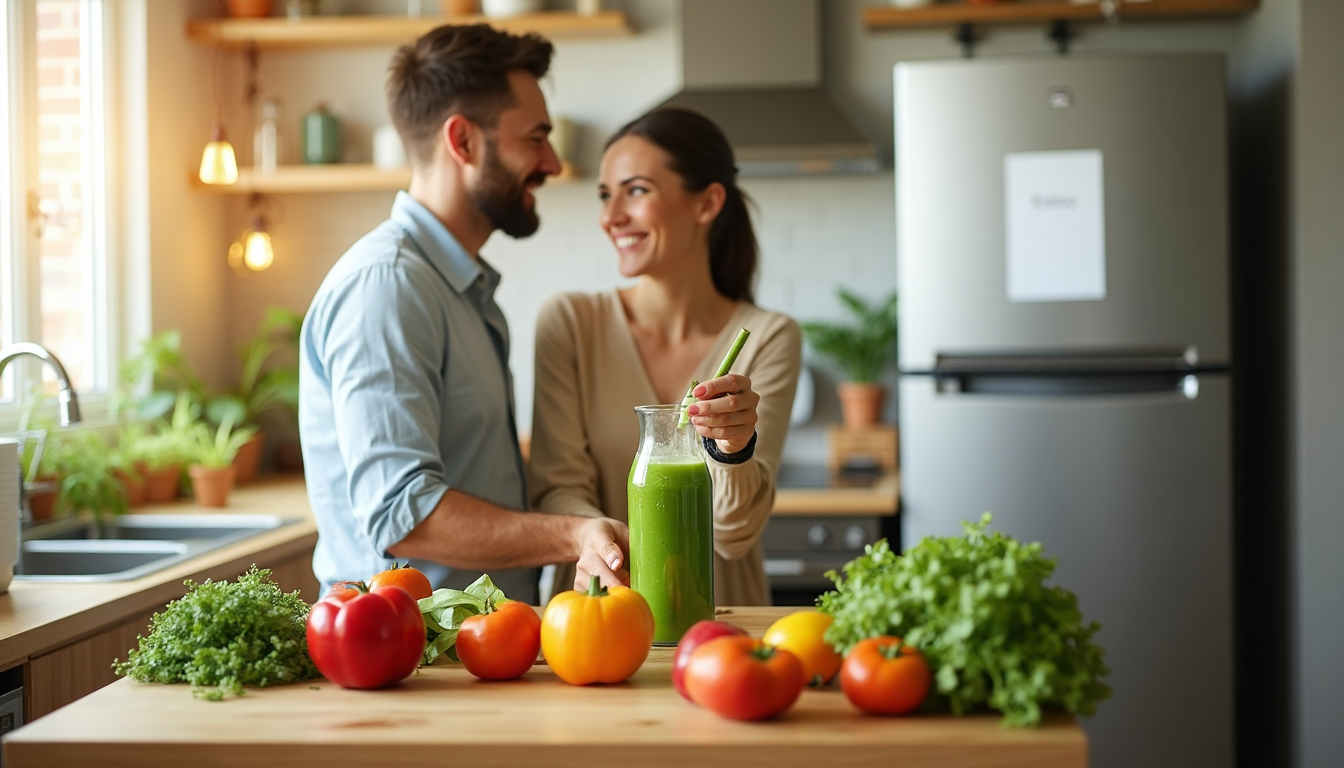 Couple preparing smoothie surrounded by healthy foods