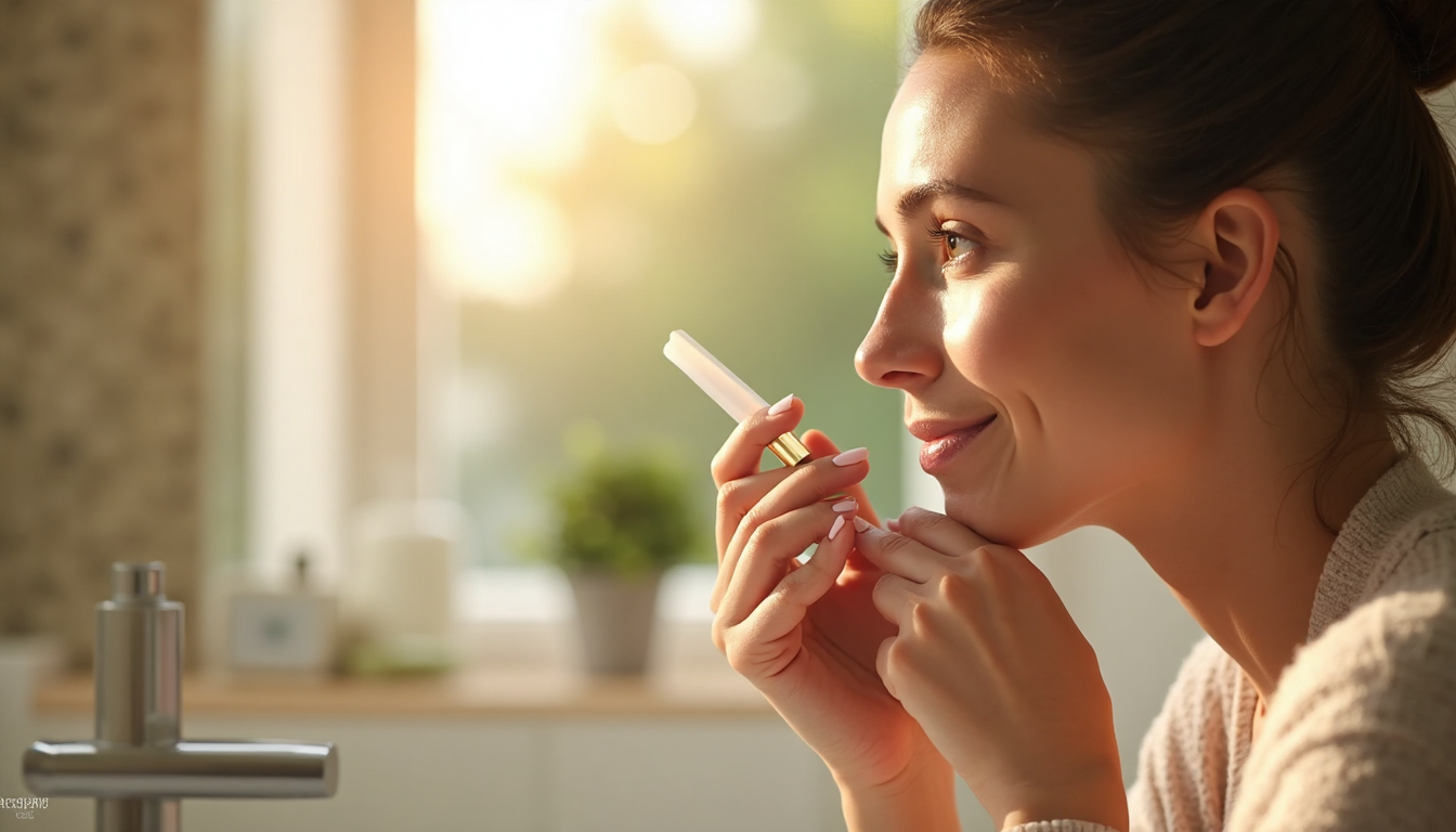 Woman applies hyaluronic serum in sunlit bathroom