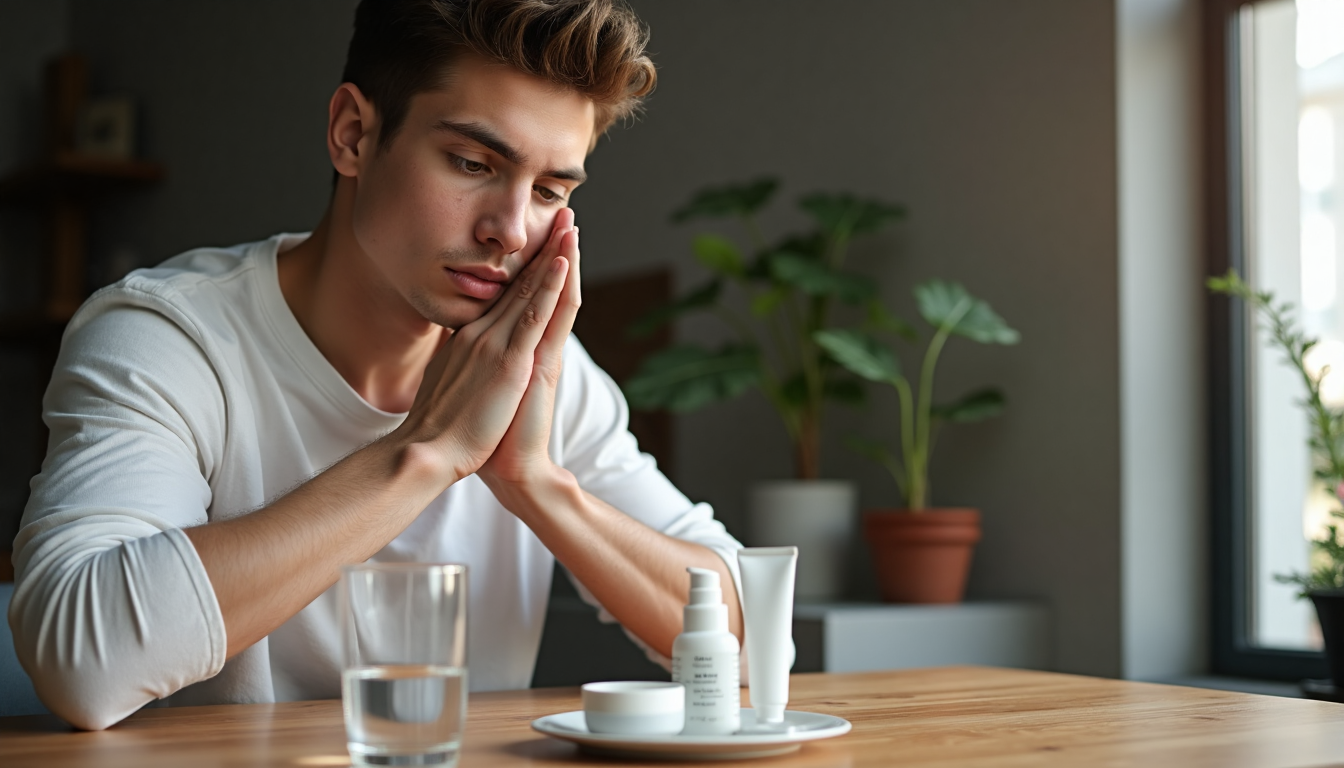 Young man checking skin for irritation using retinol