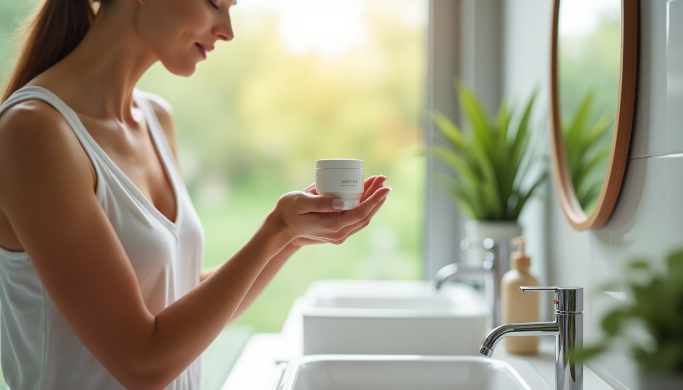 Frau trägt morgens Creme auf, Pumpspender mit Schrift Morgenroutine im Bad
