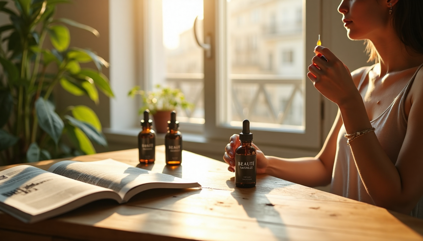 Young woman applying organic skincare serum by window