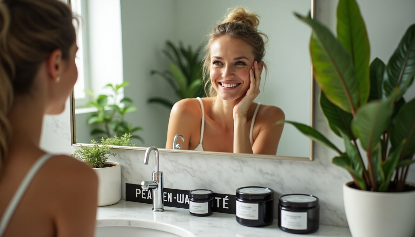 Woman admiring natural healthy skin in bright bathroom mirror