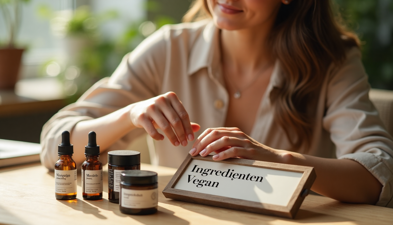 Young woman reading labels on vegan skincare oils