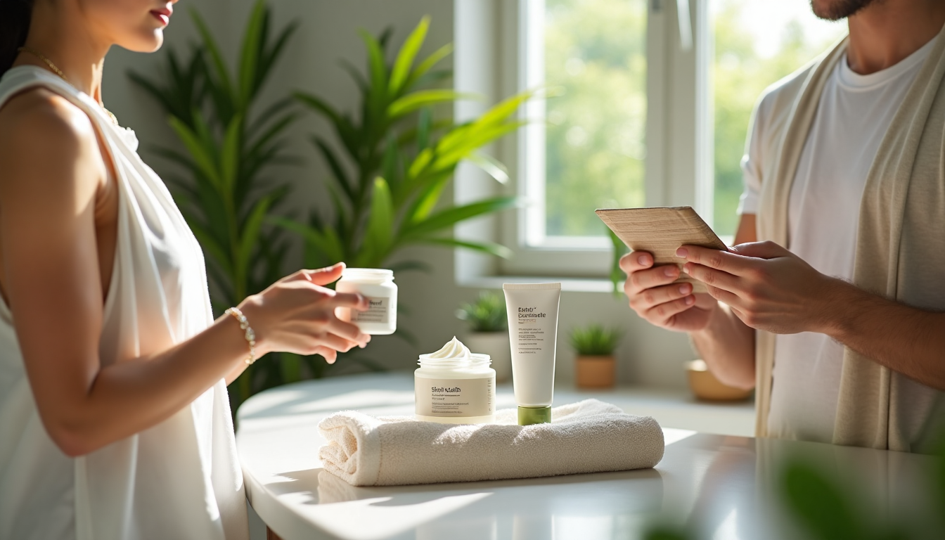 Woman applies cream, man checks eco skincare label, plants nearby