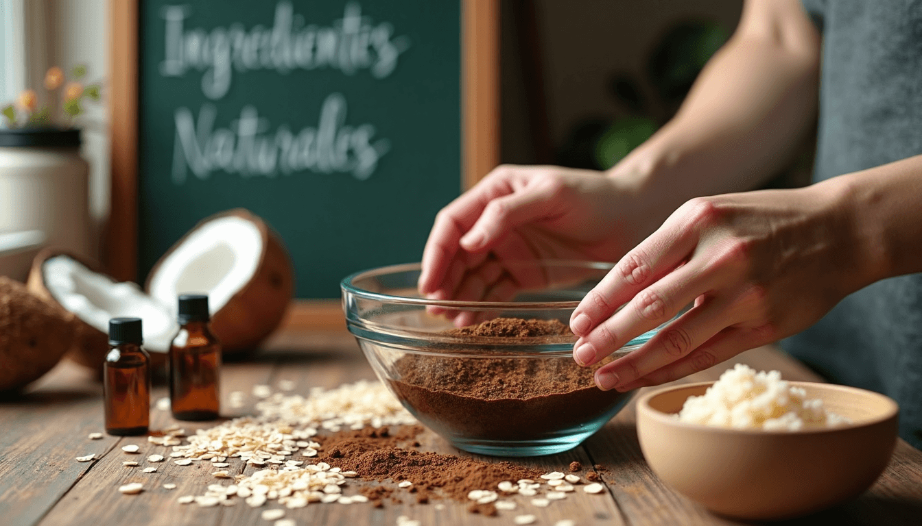 Hände mischen natürliche Peeling-Zutaten in einer sonnenbeschienenen Küche, 'Ingredientes Naturales' auf der Tafel.