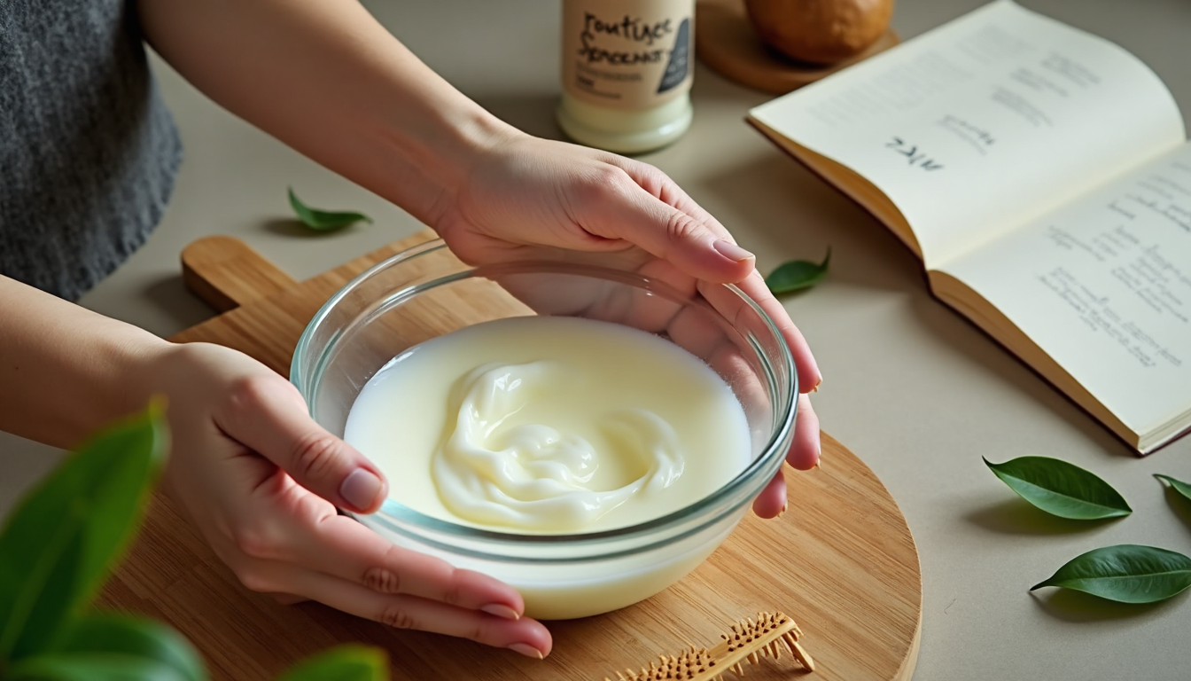Hands preparing DIY zero-waste hair mask with natural ingredients