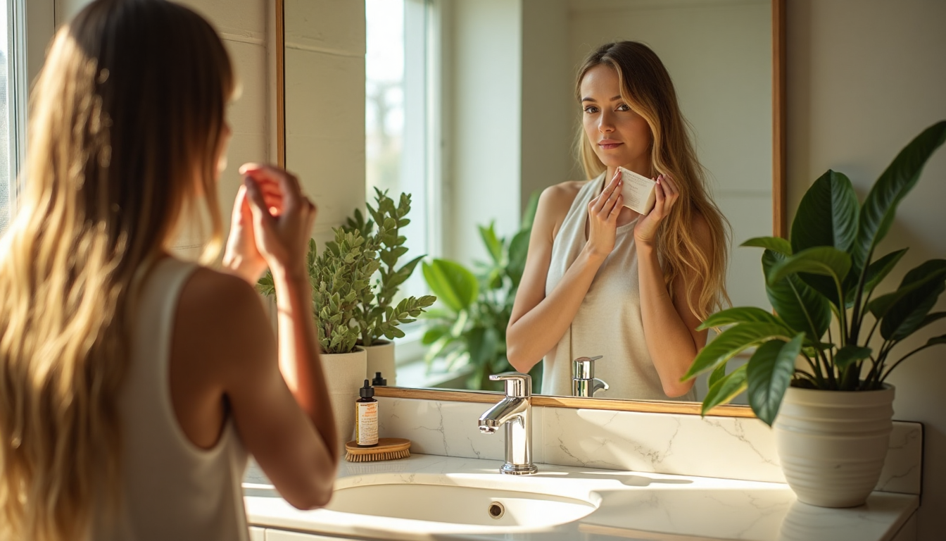Woman examining healthy hair with natural products in eco-friendly bathroom