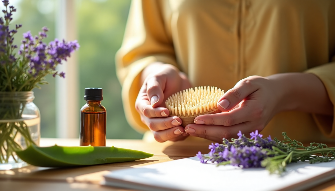 Hands with plant-based scalp care tools and note 'Plantes & Bienfaits' on notepad