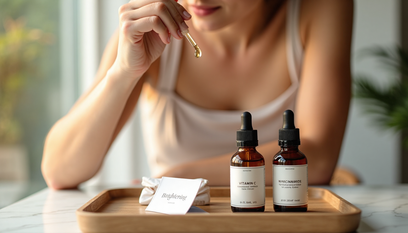 Young adult applying serum with brightening products and window light