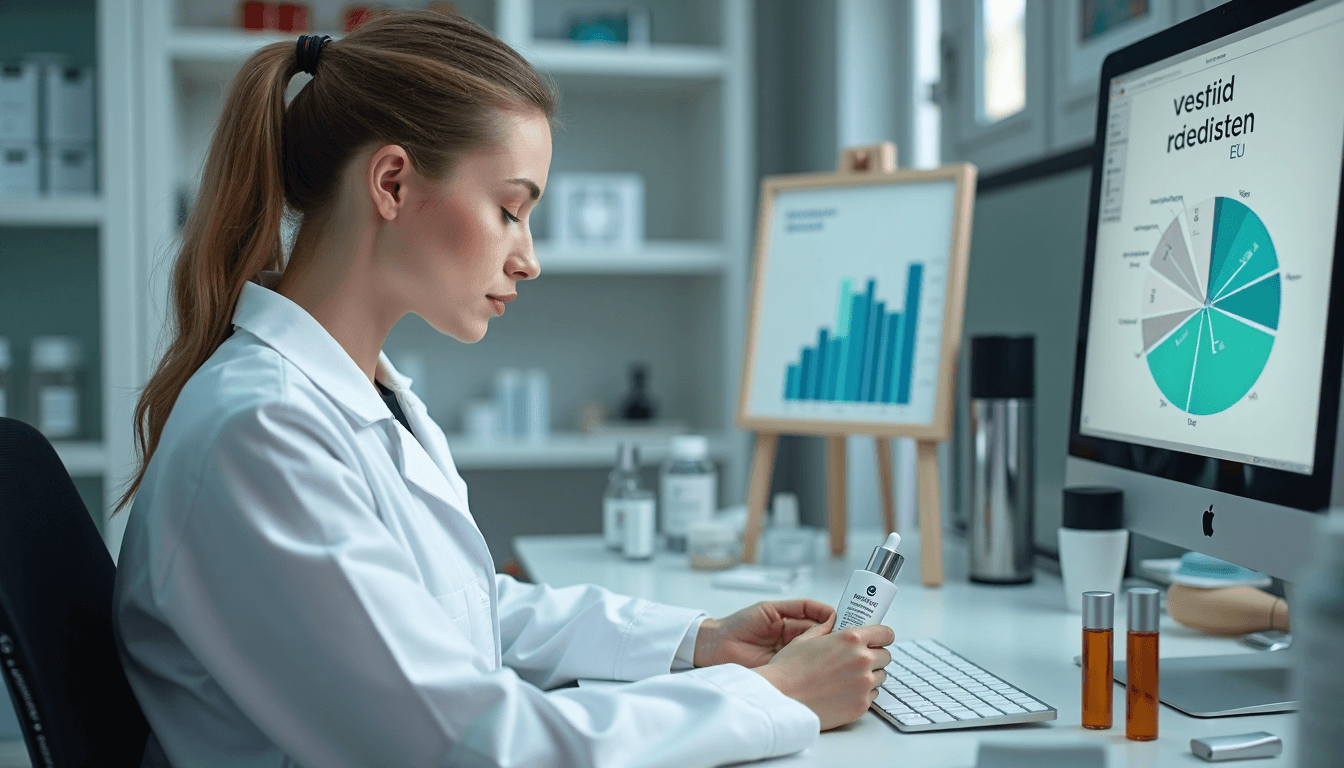 Científico revisa ingredientes en laboratorio cosmético moderno, pizarra blanca muestra mensaje de seguridad