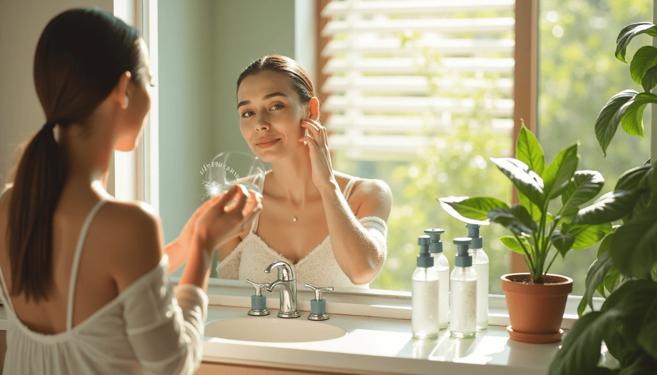 Woman cleaning face in sunlit bathroom with clean beauty products