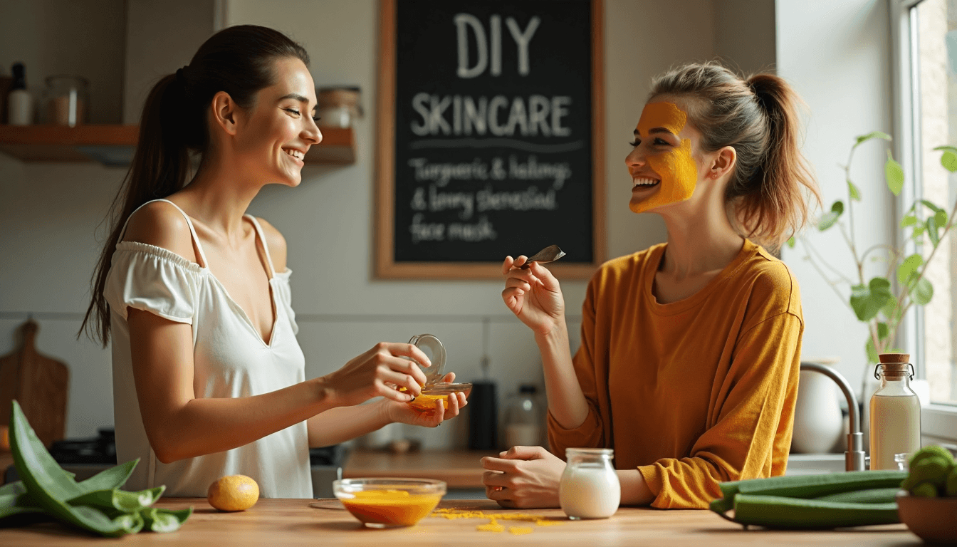 Two friends making and applying natural face masks together