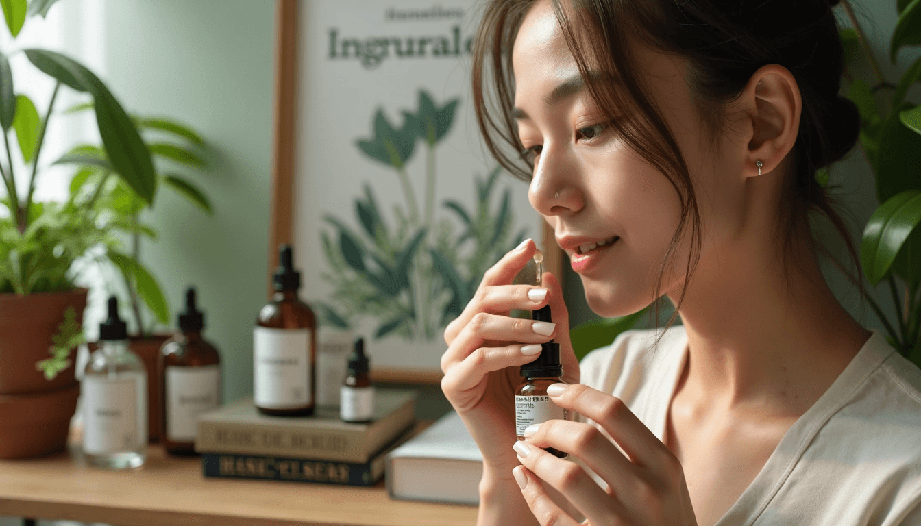 Mujer aplicando suero en tocador con botellas de ingredientes naturales y póster de 'Ingredientes Naturales'