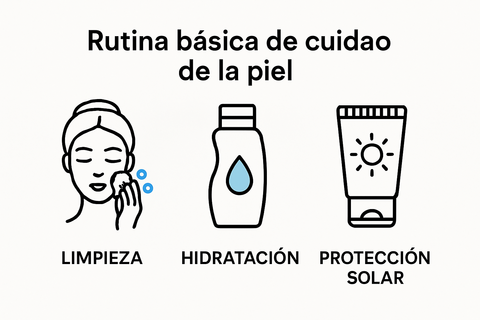 Pasos de rutina diaria de cuidados básicos de la piel con iconos.