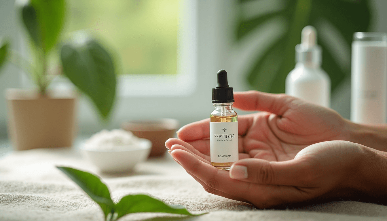Hands holding 'Peptides' ampoule with 'jeunesse & éclat' label in natural setting