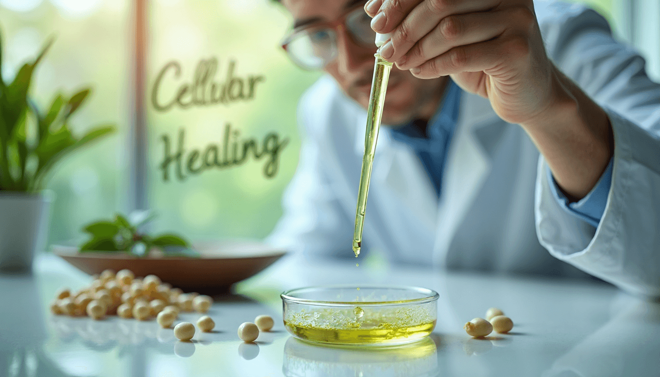 Scientist analyzes plant extract pipette over dish, 'Cellular Healing' written in background.
