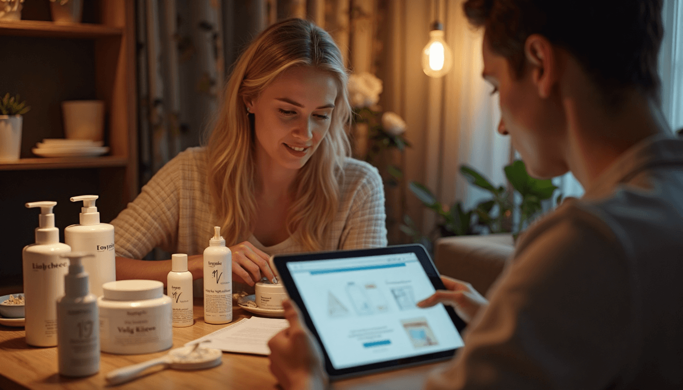 Amigos usando una tableta para investigar productos de cuidado de la piel cruelty free en casa