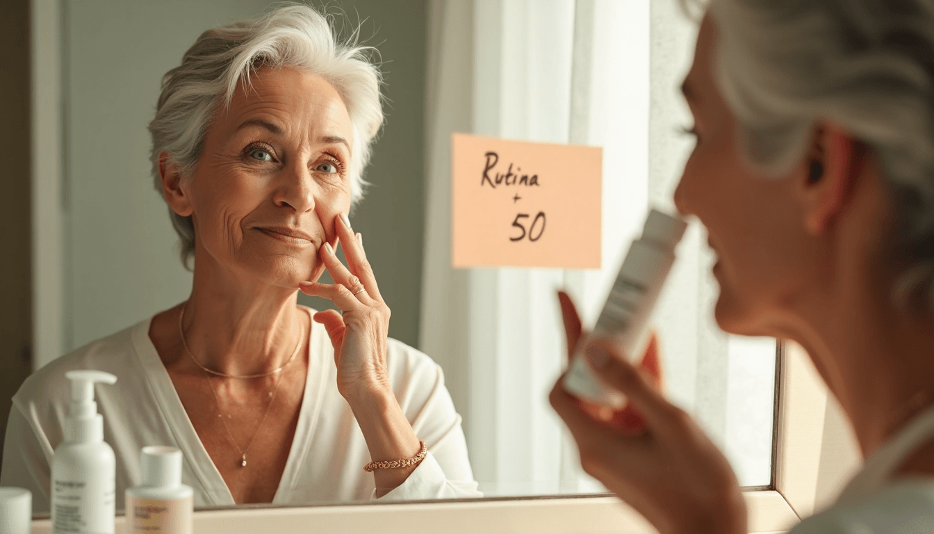 Mature woman applying skincare in sunlit bathroom with SPF 50 visible