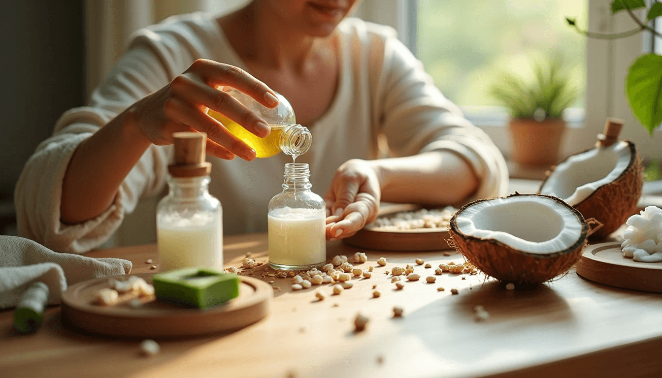 Natural oils and person preparing nourishing hair care treatment