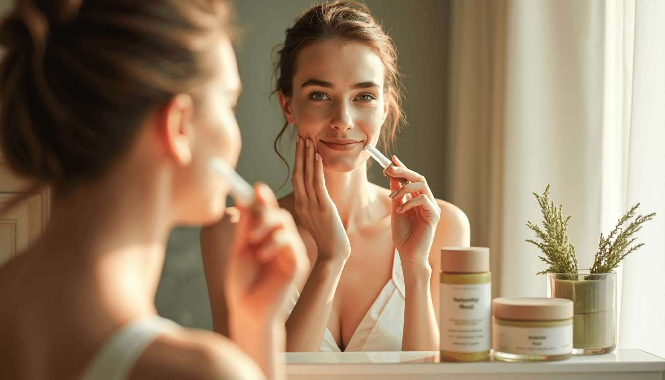 Junge Frau verwendet nachhaltige Clean-Beauty-Produkte in einem hellen Badezimmer
