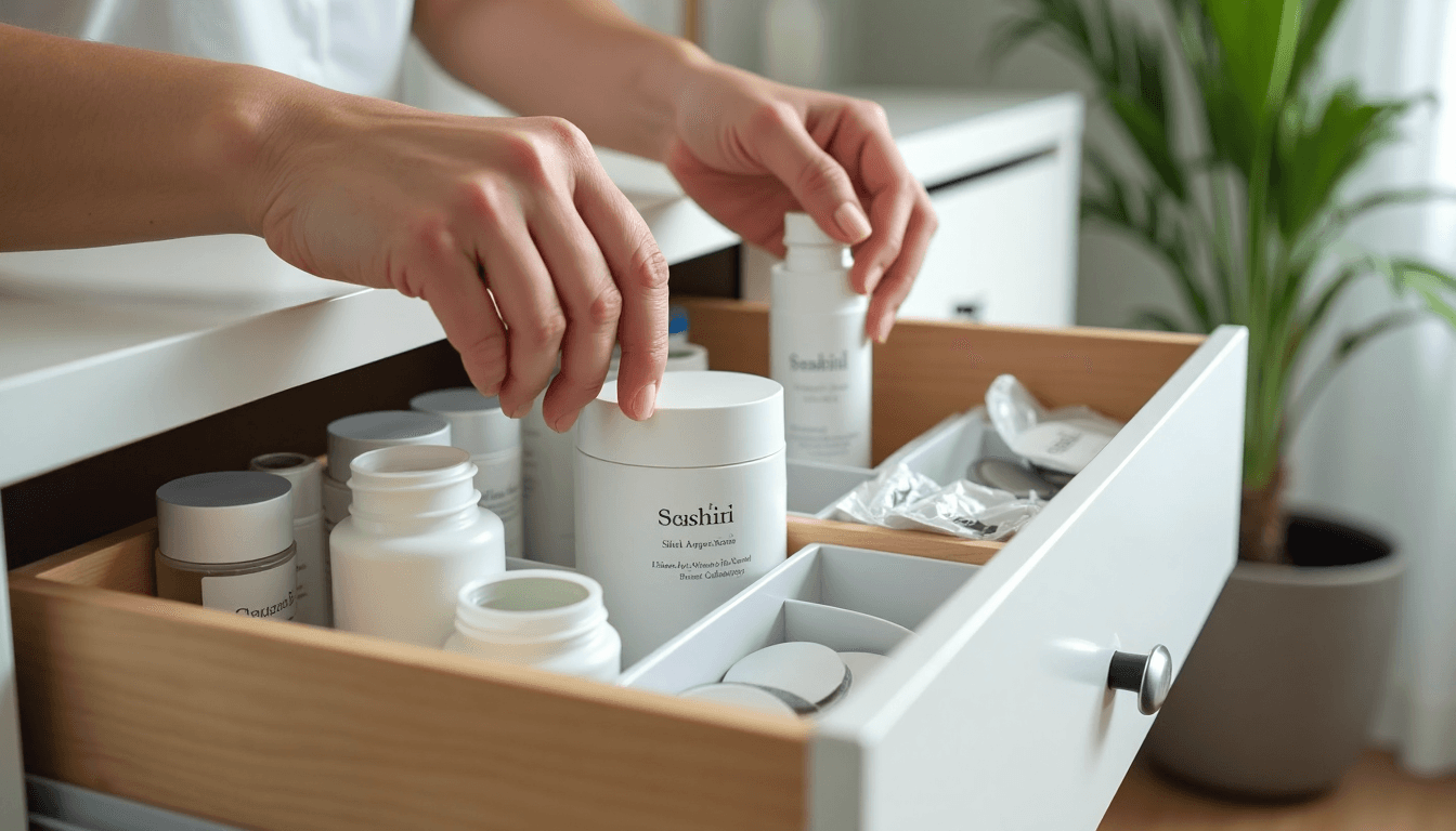 Organized skincare drawer with products labeled Product Lifespan