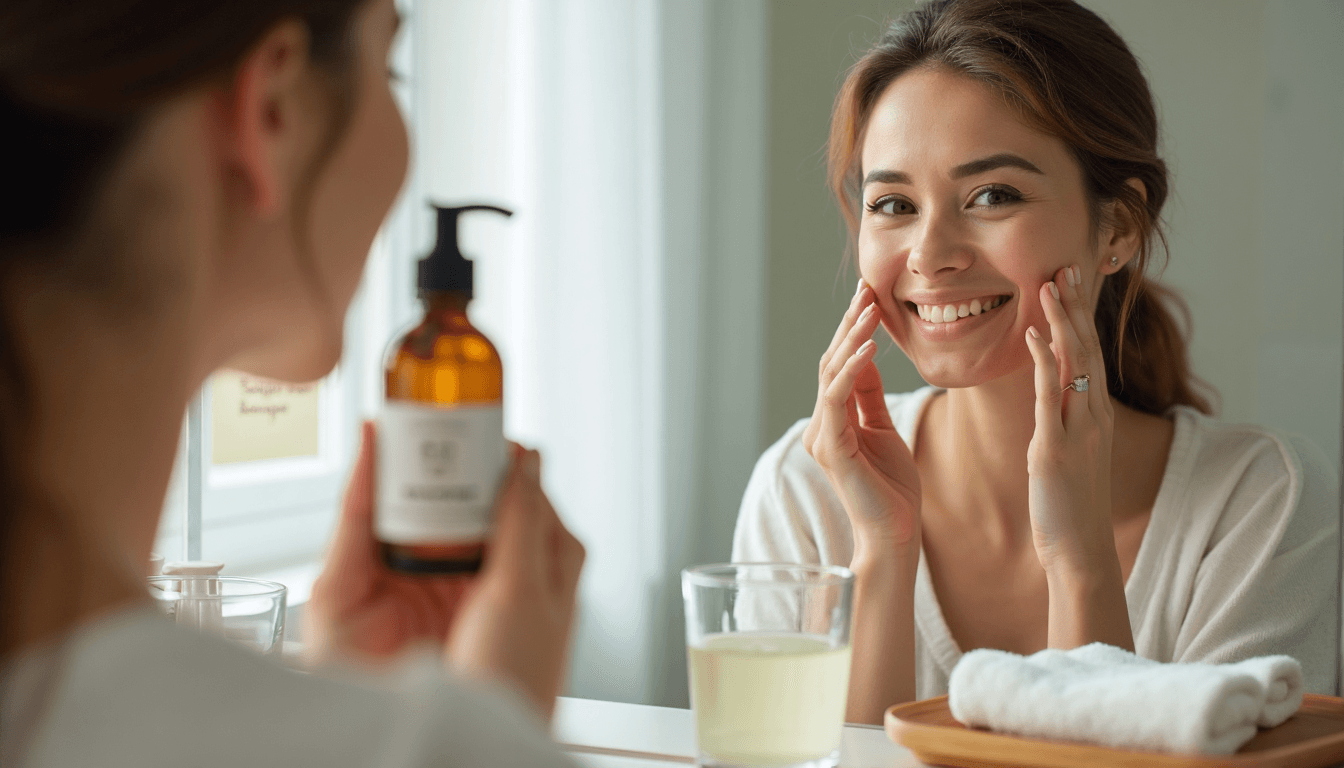 Woman applying oil cleanser in bathroom with 'Schritt für Schritt' note in mirror