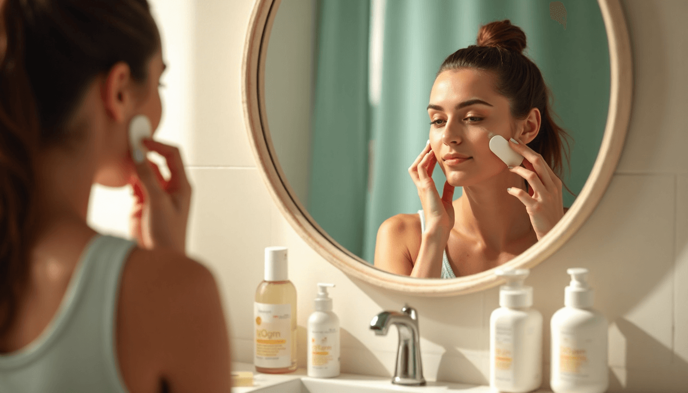 Mujer aplicándose protector solar facial como parte de la rutina matutina