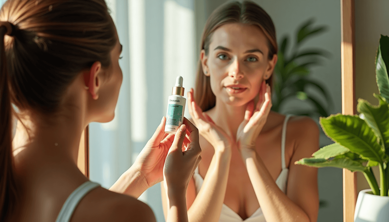 Mujeres usando cuidado natural anti-envejecimiento bajo la luz de la mañana