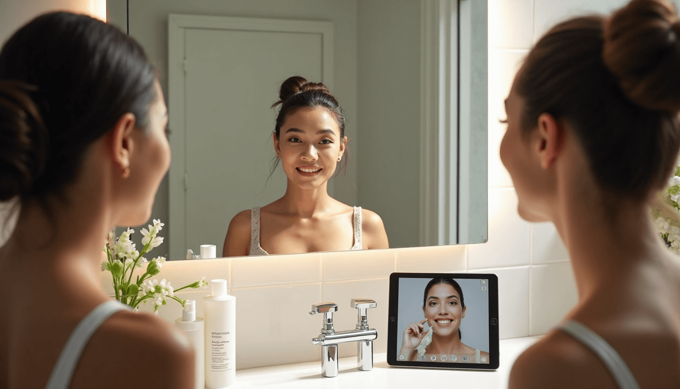 Personas diversas usando cuidado de la piel personalizado con análisis digital en un baño iluminado por el sol