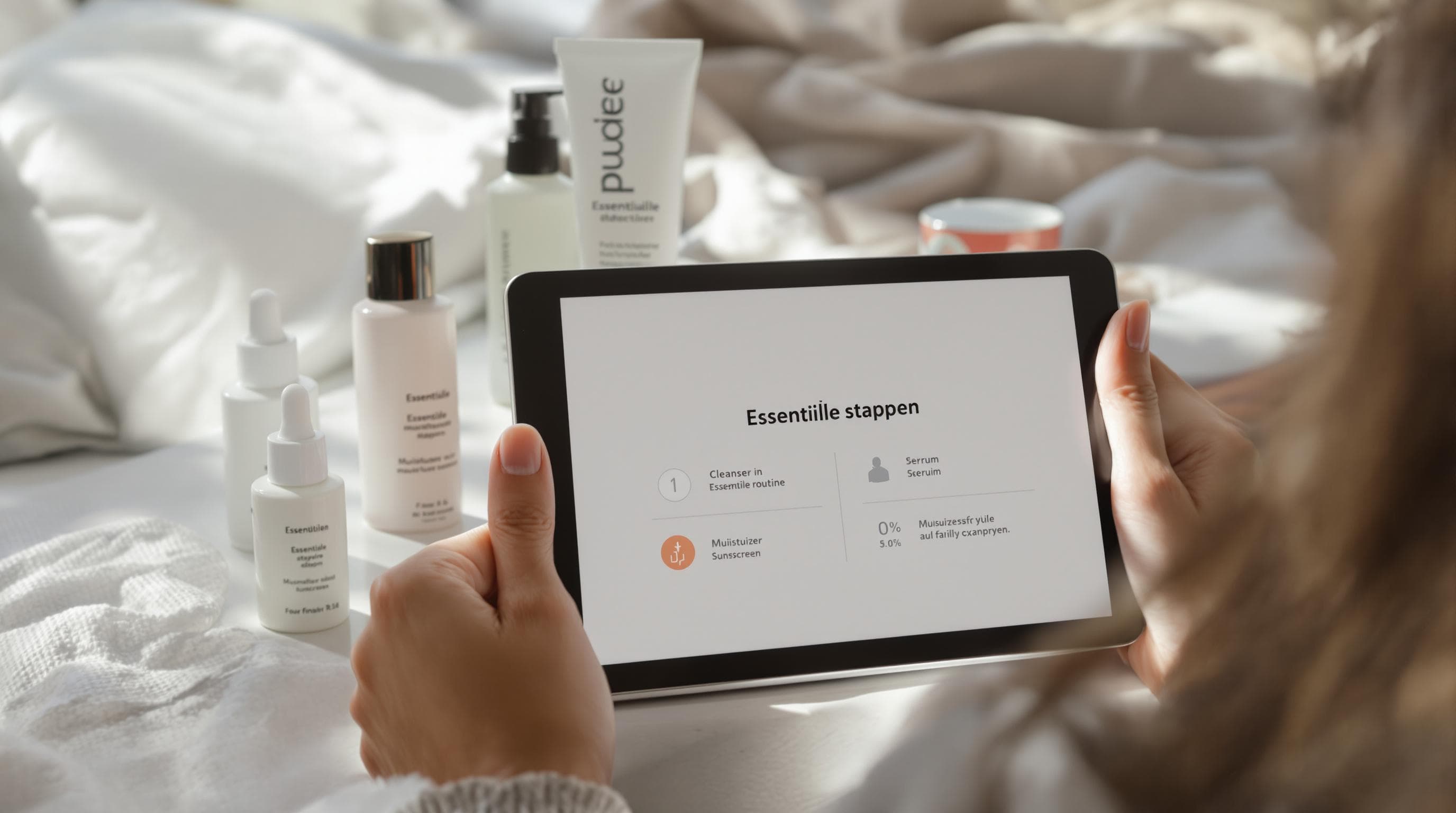 Una persona joven organiza cuatro productos clave para el cuidado de la piel en una rutina para principiantes