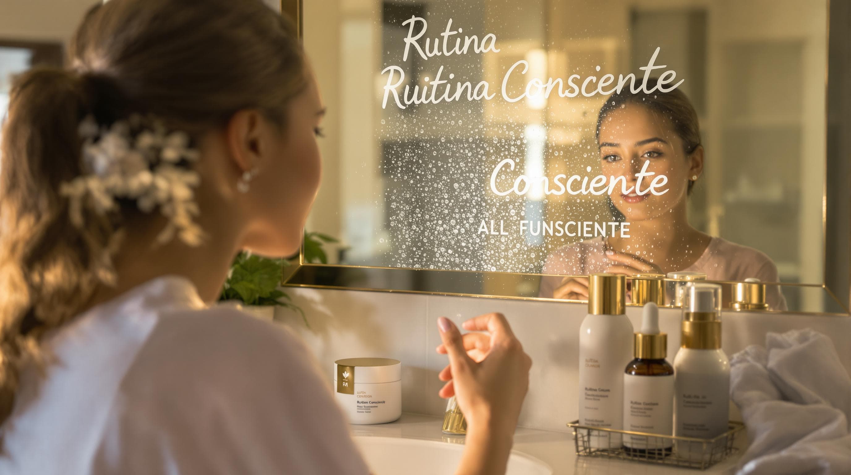 Joven mujer revisa productos de rutina de cuidado de la piel en un baño iluminado por el sol