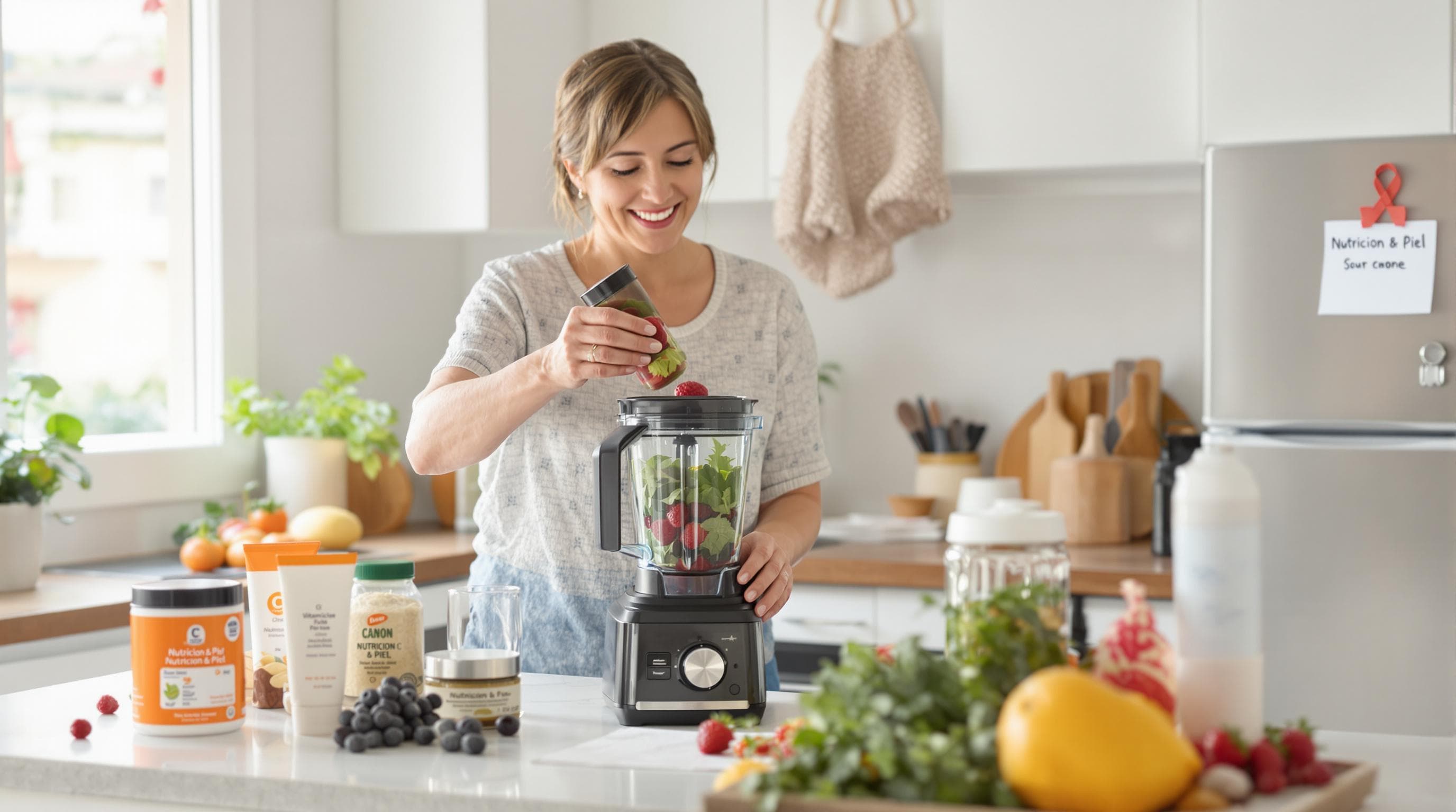 Mujer prepara un batido rico en antioxidantes, rutina de cuidado de la piel cerca, nota en el refrigerador sobre nutrición y piel